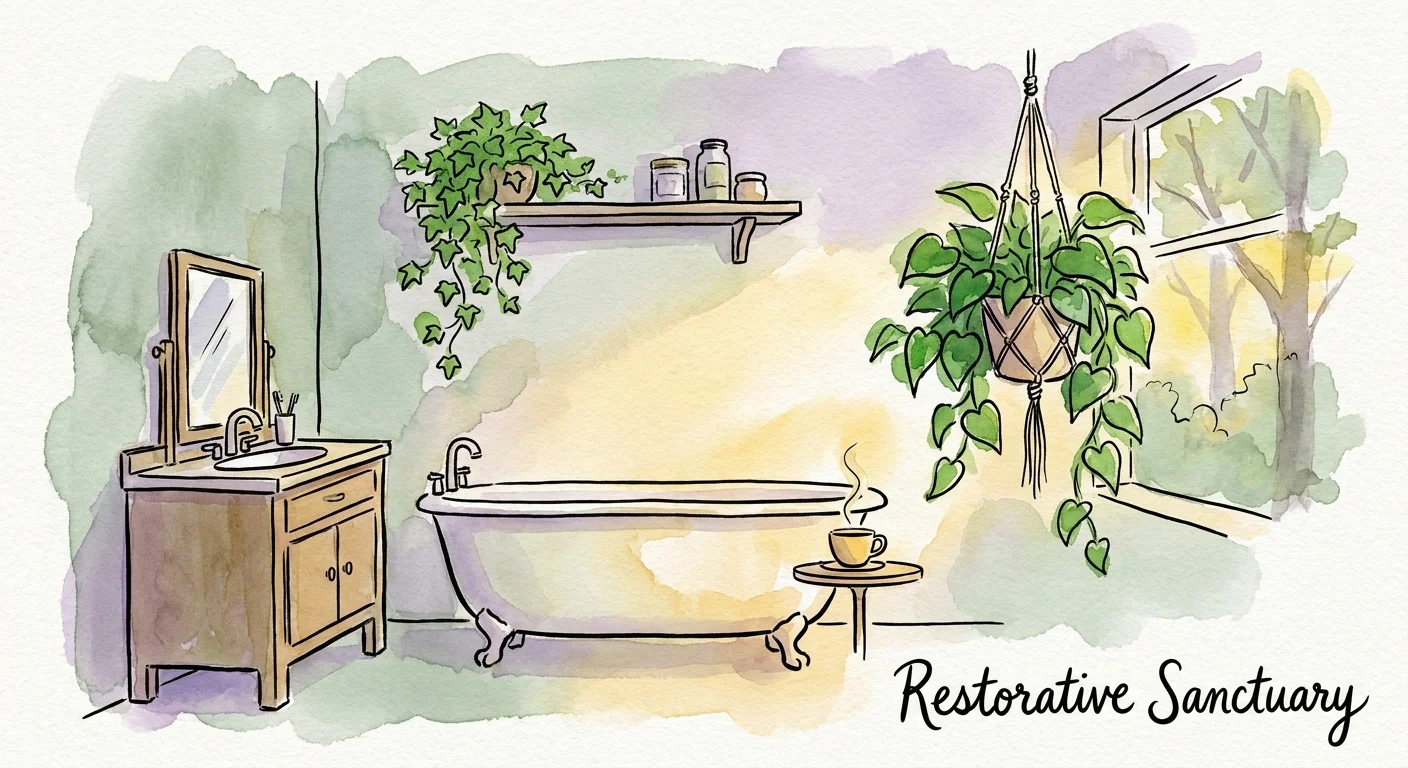 A soft watercolor and ink illustration of a bathroom filled with plants, conveying a sense of peace and a restorative home sanctuary.