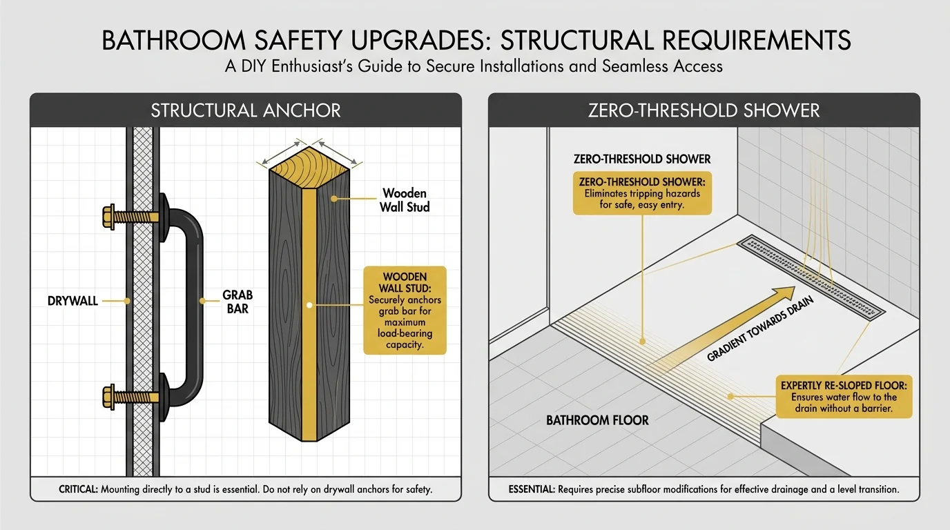 A structural diagram showing how to anchor grab bars into wall studs and the slope of a zero-threshold shower floor.