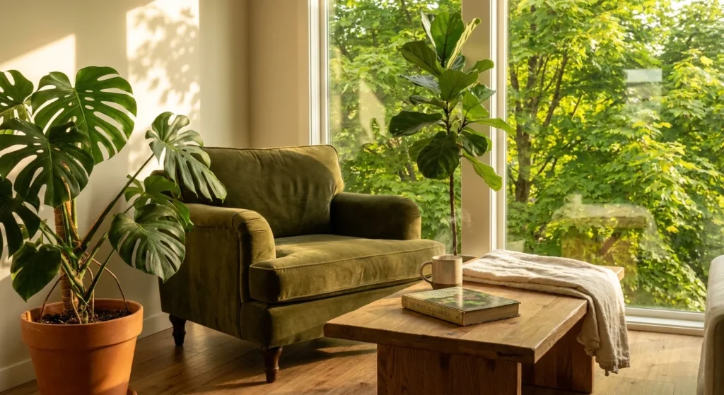 A sunlit living room with many houseplants and a view of a large shade tree through a window, creating a comfortable, cool sanctuary.