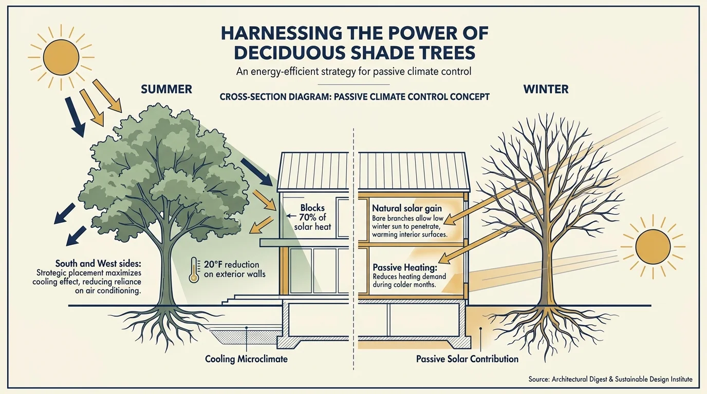 A technical diagram showing how deciduous trees block summer heat but allow winter sun to warm a house.