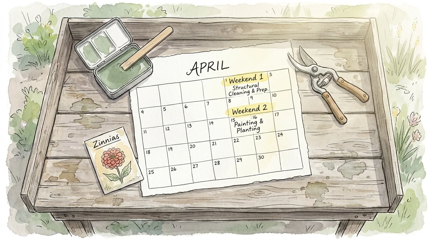 A watercolor drawing of a garden bench with a calendar showing two weekends of DIY home improvement tasks.