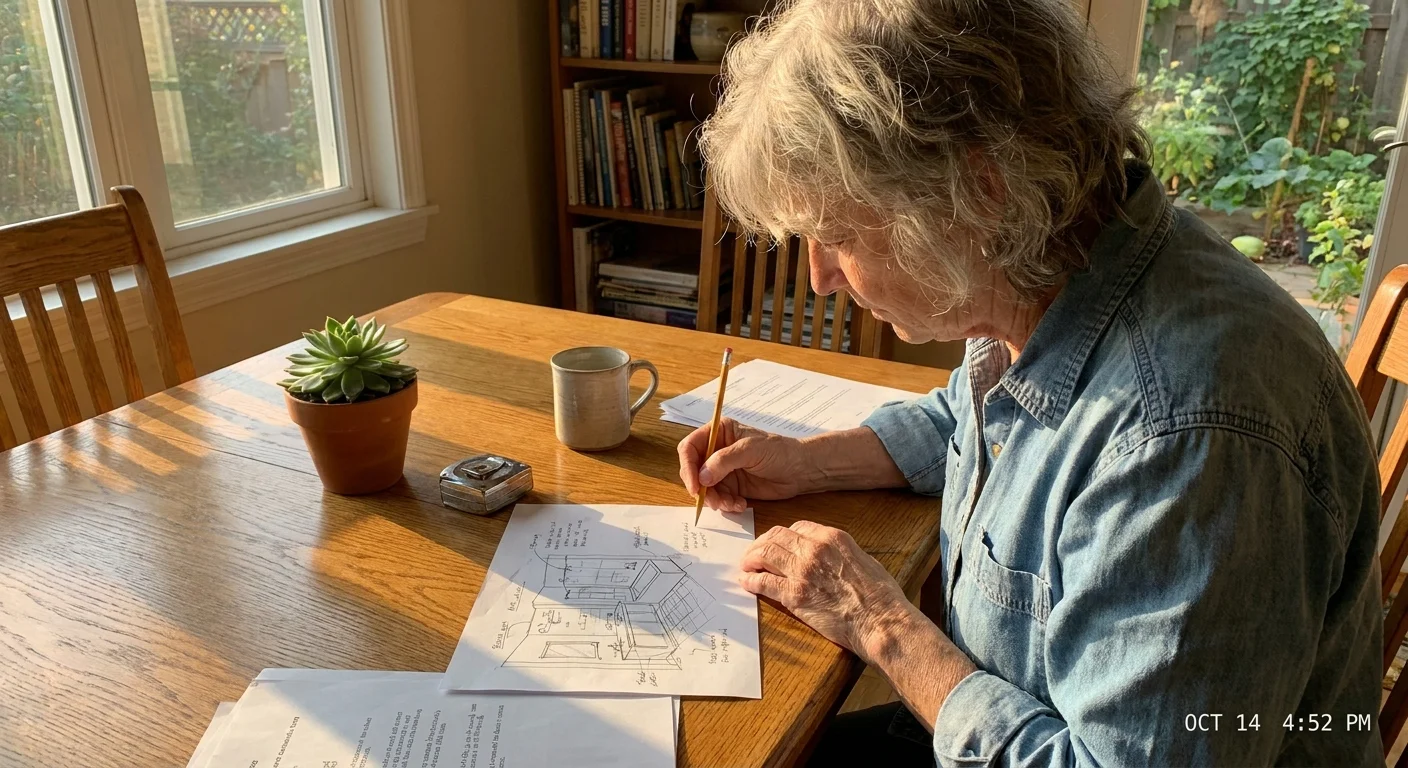 A woman in her 60s at her kitchen table planning a bathroom renovation with floor plans, a tape measure, and a cup of tea.