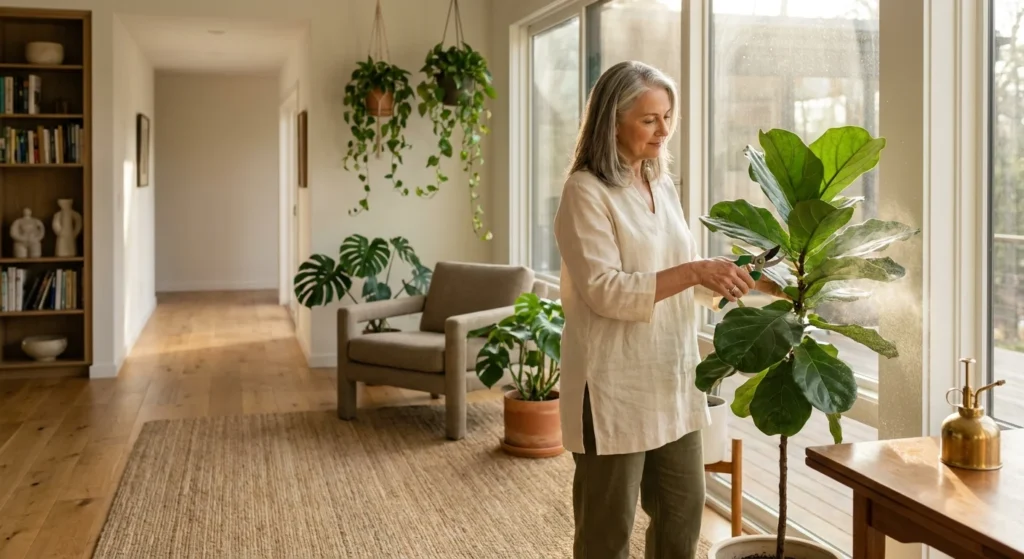 A woman in her 60s prunes a fiddle leaf fig in a sunlit, accessible living room filled with plants and warm wood textures.