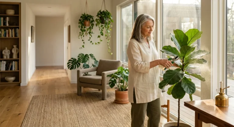 A woman in her 60s prunes a fiddle leaf fig in a sunlit, accessible living room filled with plants and warm wood textures.