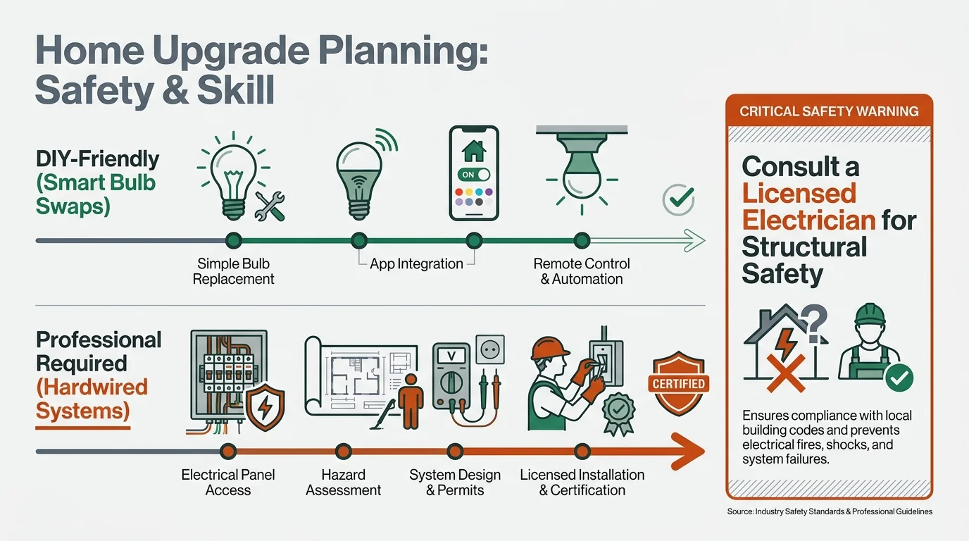An editorial diagram comparing DIY-friendly lighting swaps with professional electrical requirements for home safety.