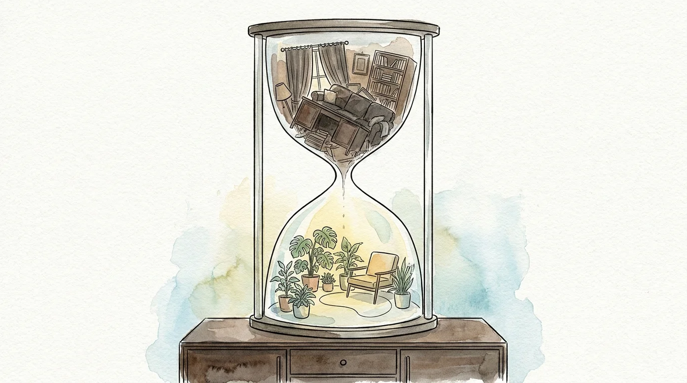 An editorial illustration of an hourglass showing a home transitioning from a cluttered space to a serene, plant-filled sanctuary.