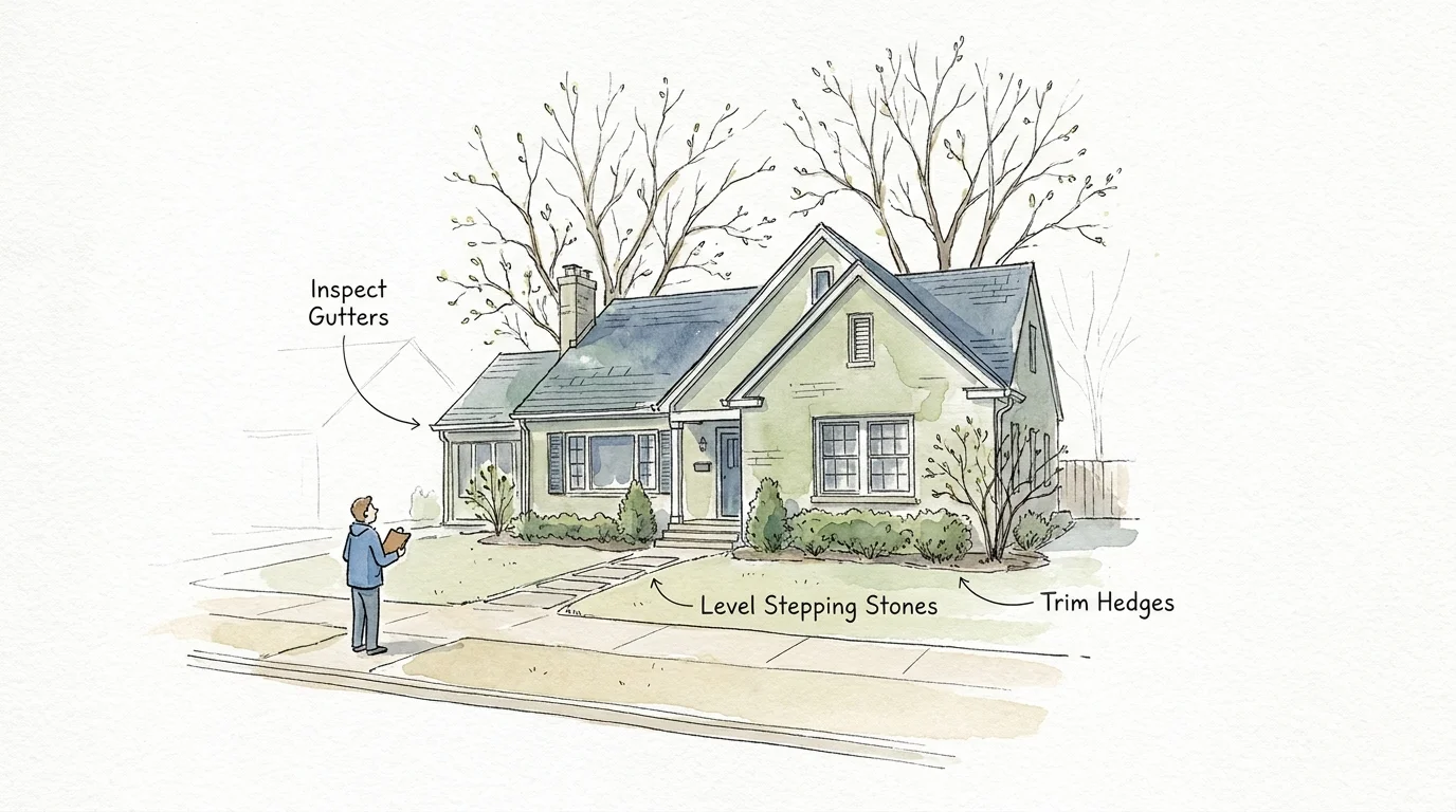 An ink and watercolor sketch of a house with labels pointing to gutters, walkways, and hedges for spring maintenance.