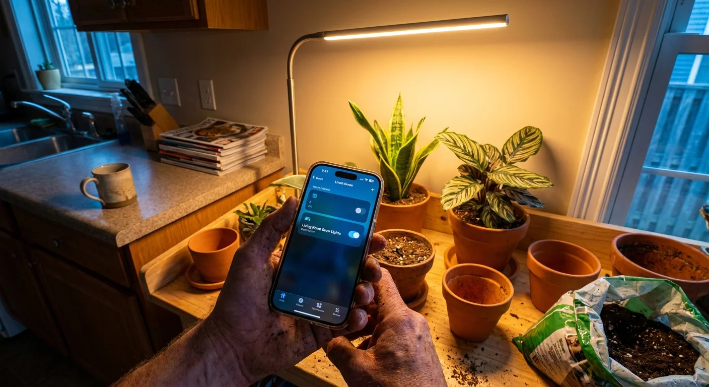Close-up of a hand using a smartphone app to control smart grow lights for a collection of indoor plants on a wooden table.
