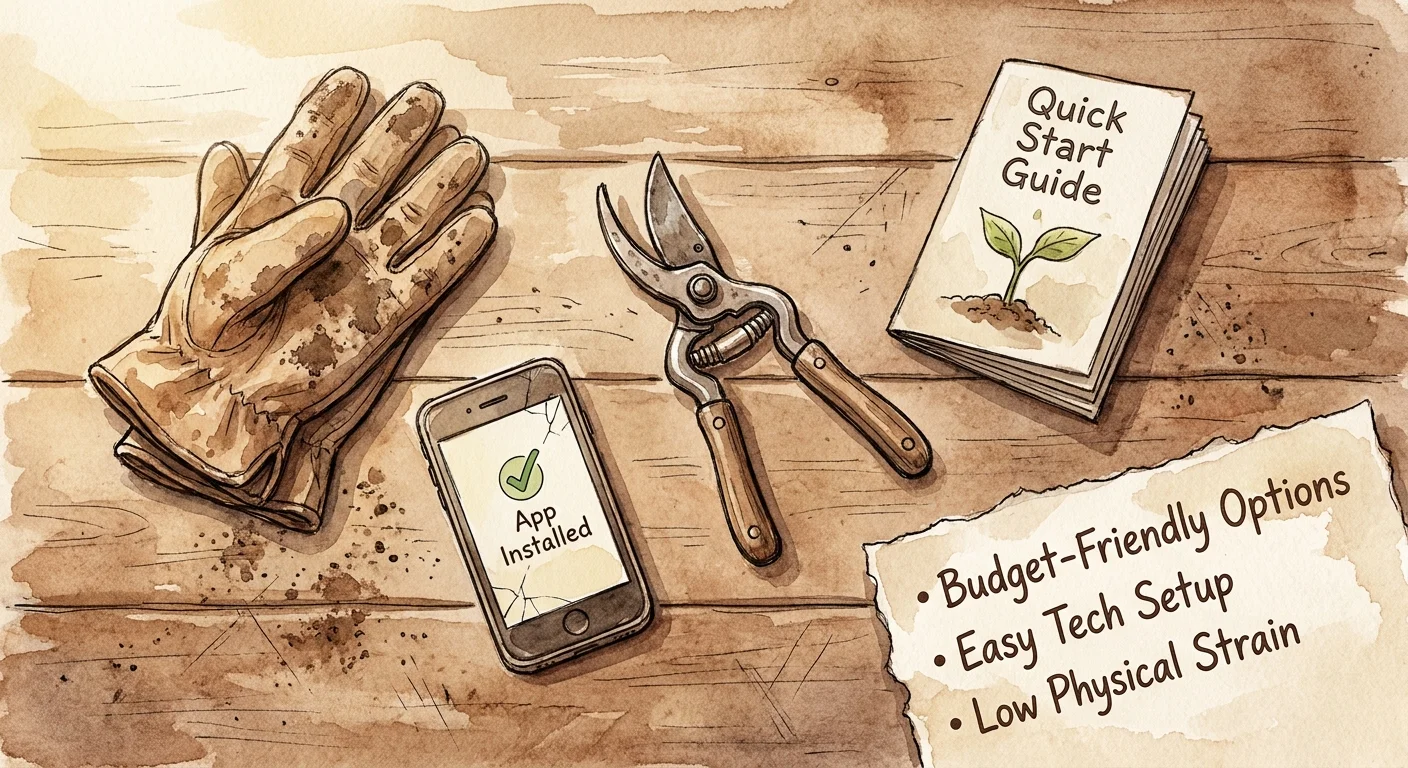 Watercolor flat lay of gardening tools and a smartphone, symbolizing the accessibility and ease of smart home installation.