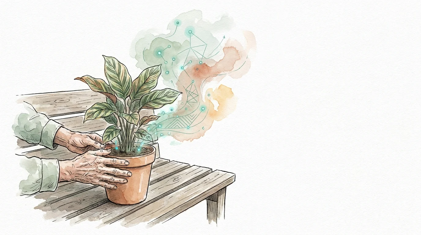 Watercolor illustration of a hand tending a plant with glowing digital nodes, symbolizing the merge of nature and home technology.