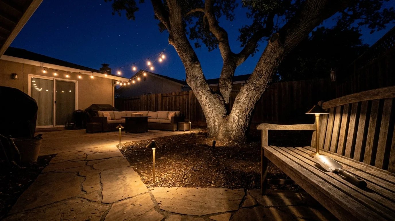 A backyard patio at night illuminated by warm, low-voltage path lights and subtle tree uplighting, creating a cozy atmosphere.