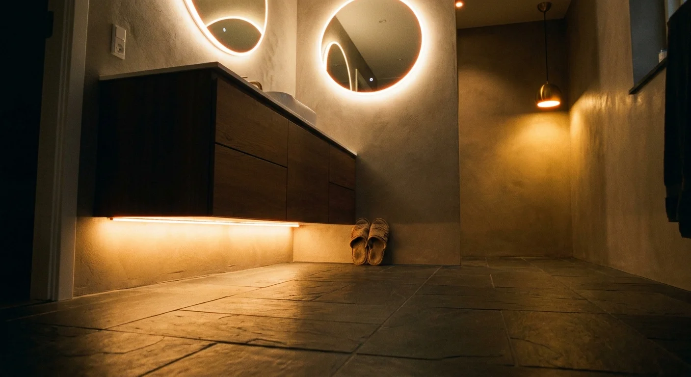 A bathroom at night with motion-activated LED lights under the vanity providing a warm glow on the floor.