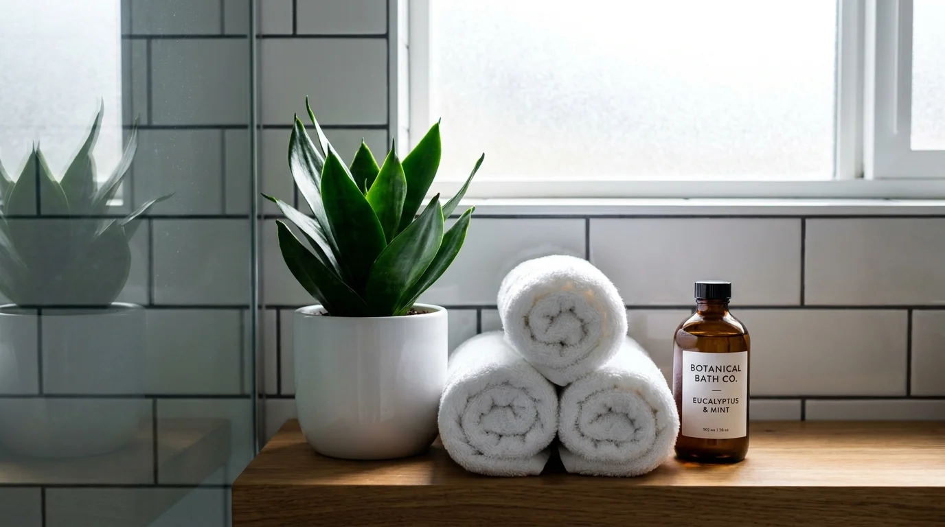 A bathroom shelf with rolled white towels, a snake plant, and a glass bottle against subway tiles.