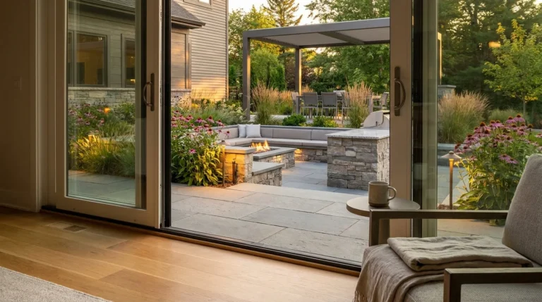 A beautiful, multi-level backyard with a stone patio, native plants, and a fire pit at sunset, viewed from inside the house.