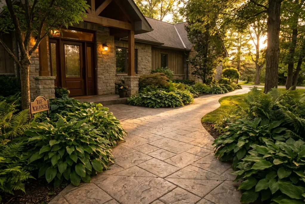 A beautiful stone walkway curves through a lush garden leading to a step-free front door of a cottage at sunset.