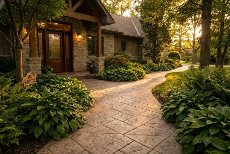 A beautiful stone walkway curves through a lush garden leading to a step-free front door of a cottage at sunset.
