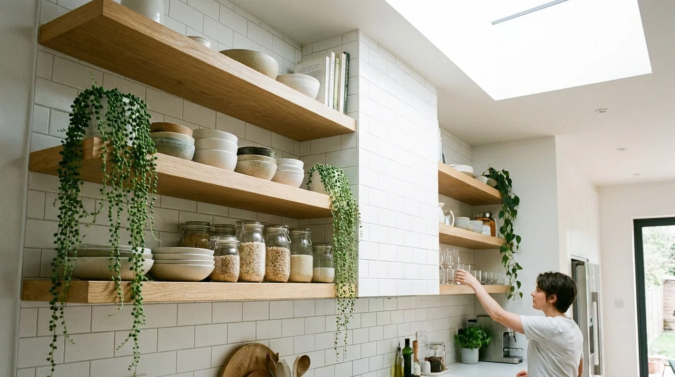 A bright kitchen with open wooden shelving instead of heavy upper cabinets, decorated with pottery and plants.