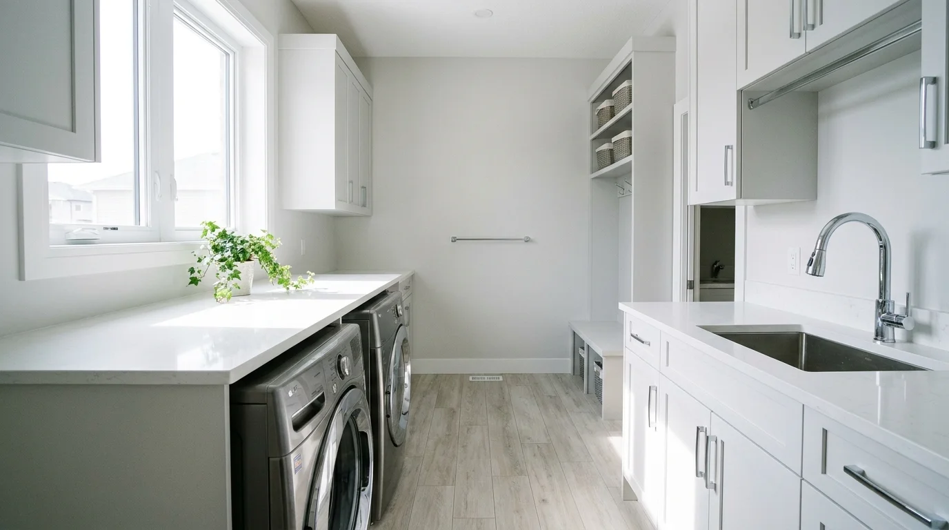 A bright laundry room with a quartz folding counter, utility sink, and modern washer and dryer.