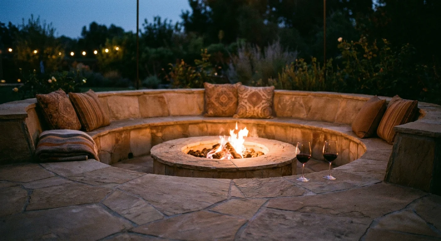 A built-in stone fire pit with a warm fire glowing, surrounded by comfortable seating at night.