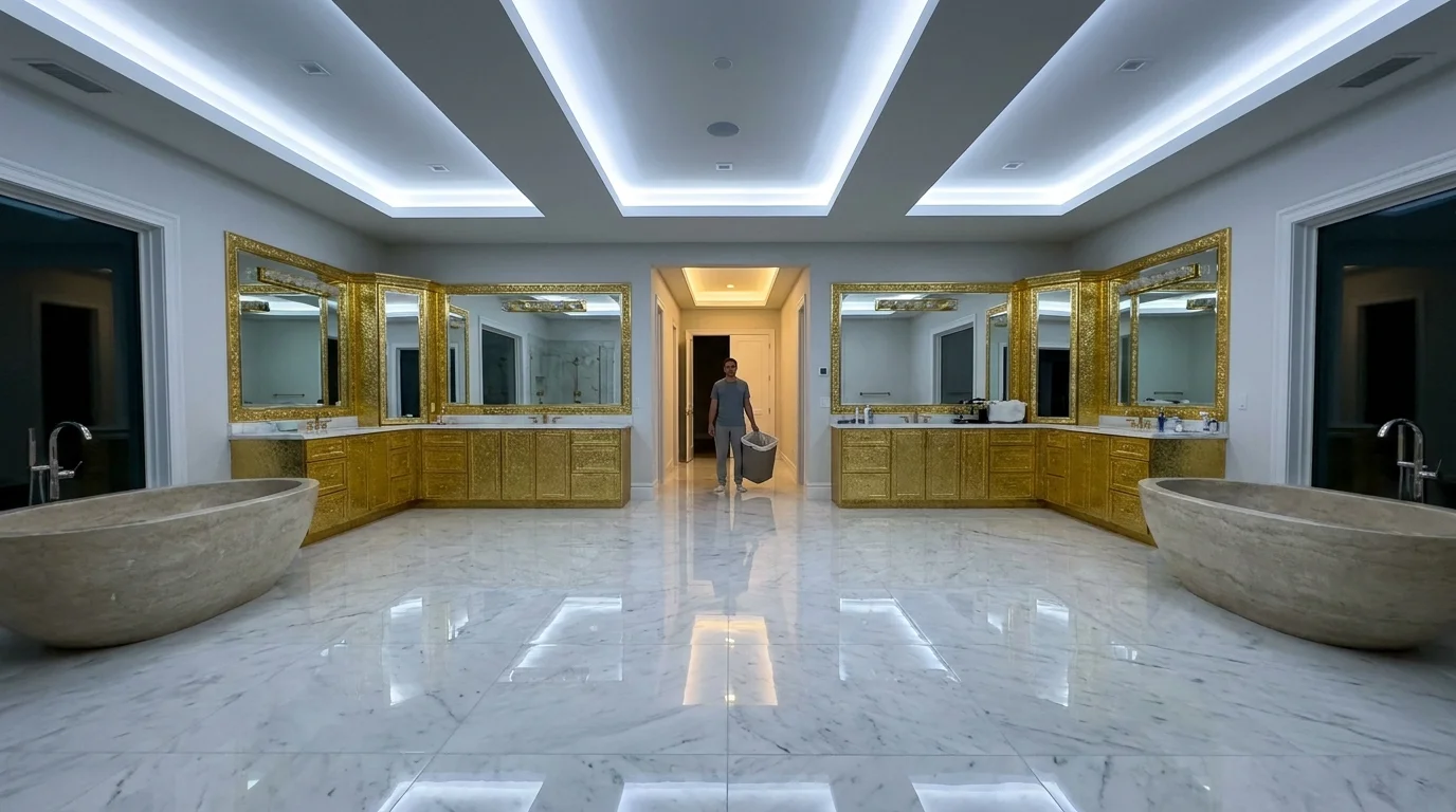 A cavernous, over-the-top primary bathroom with double tubs and gold fixtures, showing unnecessary scale.