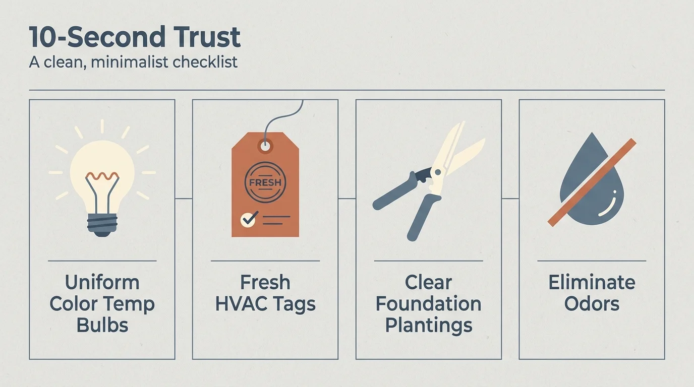 A clean infographic showing four quick wins for home sellers: lighting, HVAC tags, landscaping, and odor elimination.