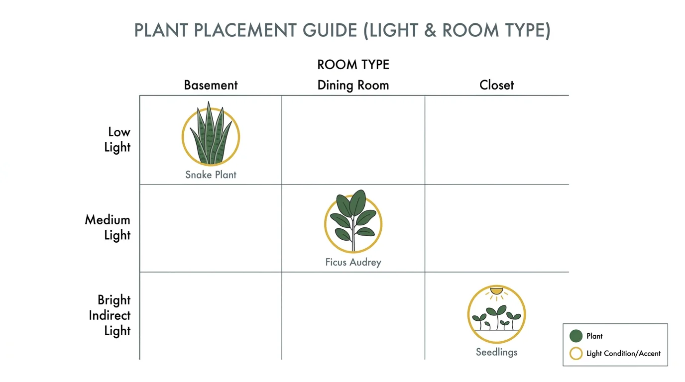 A clean, modern diagram showing which plants thrive in different room types based on light availability.