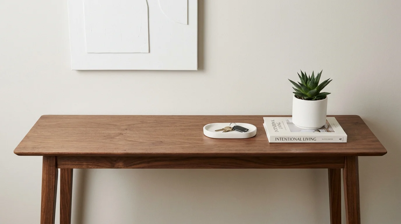 A clean, organized wooden console table with a key tray and a single plant, demonstrating a clutter-free surface.