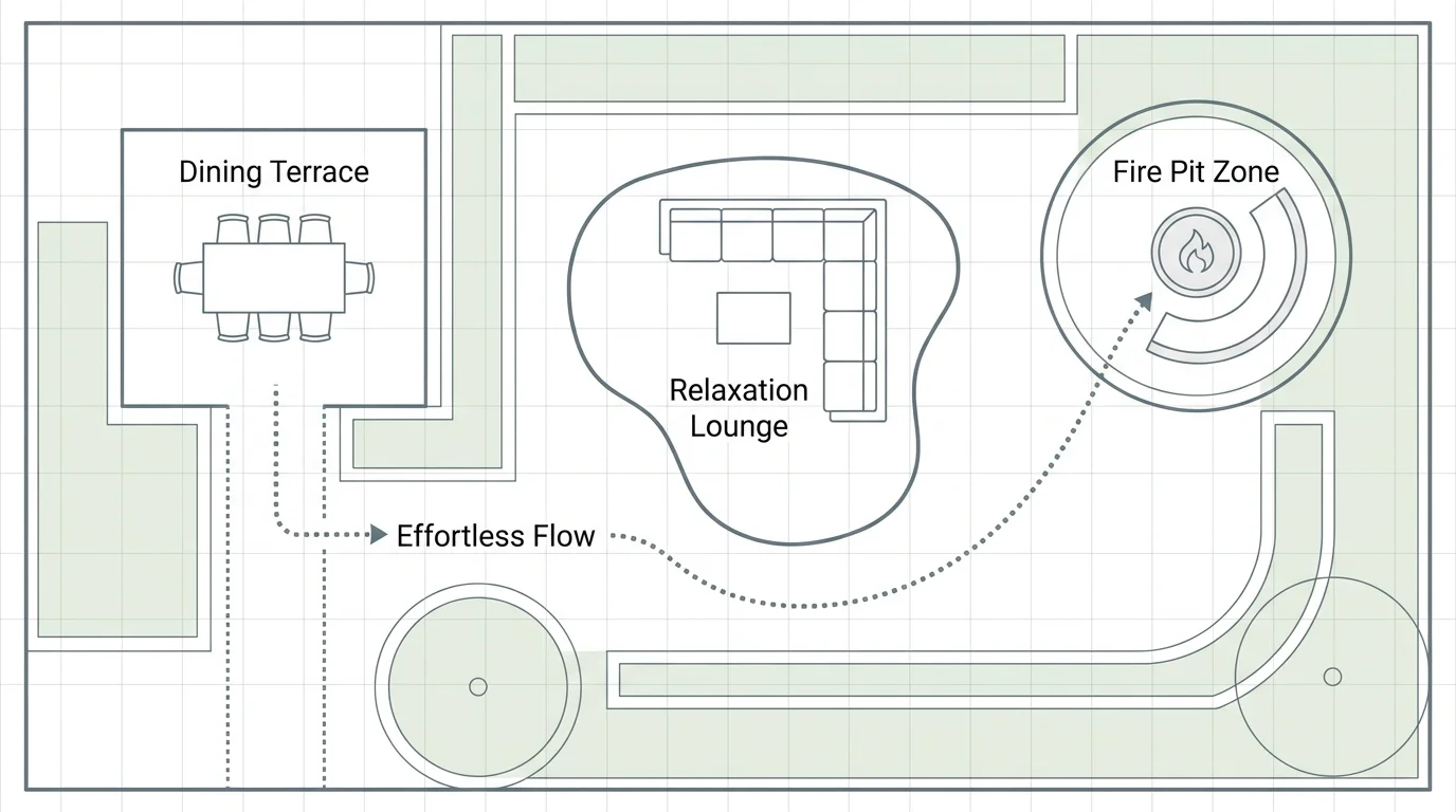 A clean, top-down architectural diagram showing a backyard divided into dining, lounging, and fire pit zones.