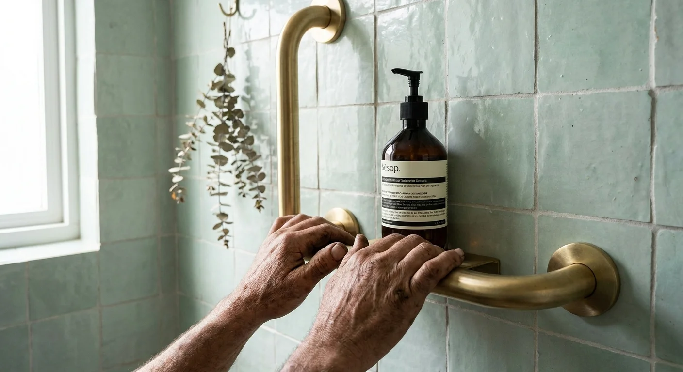 A close-up of a hand using a stylish brushed brass grab bar that serves as a shower shelf against green tiles.