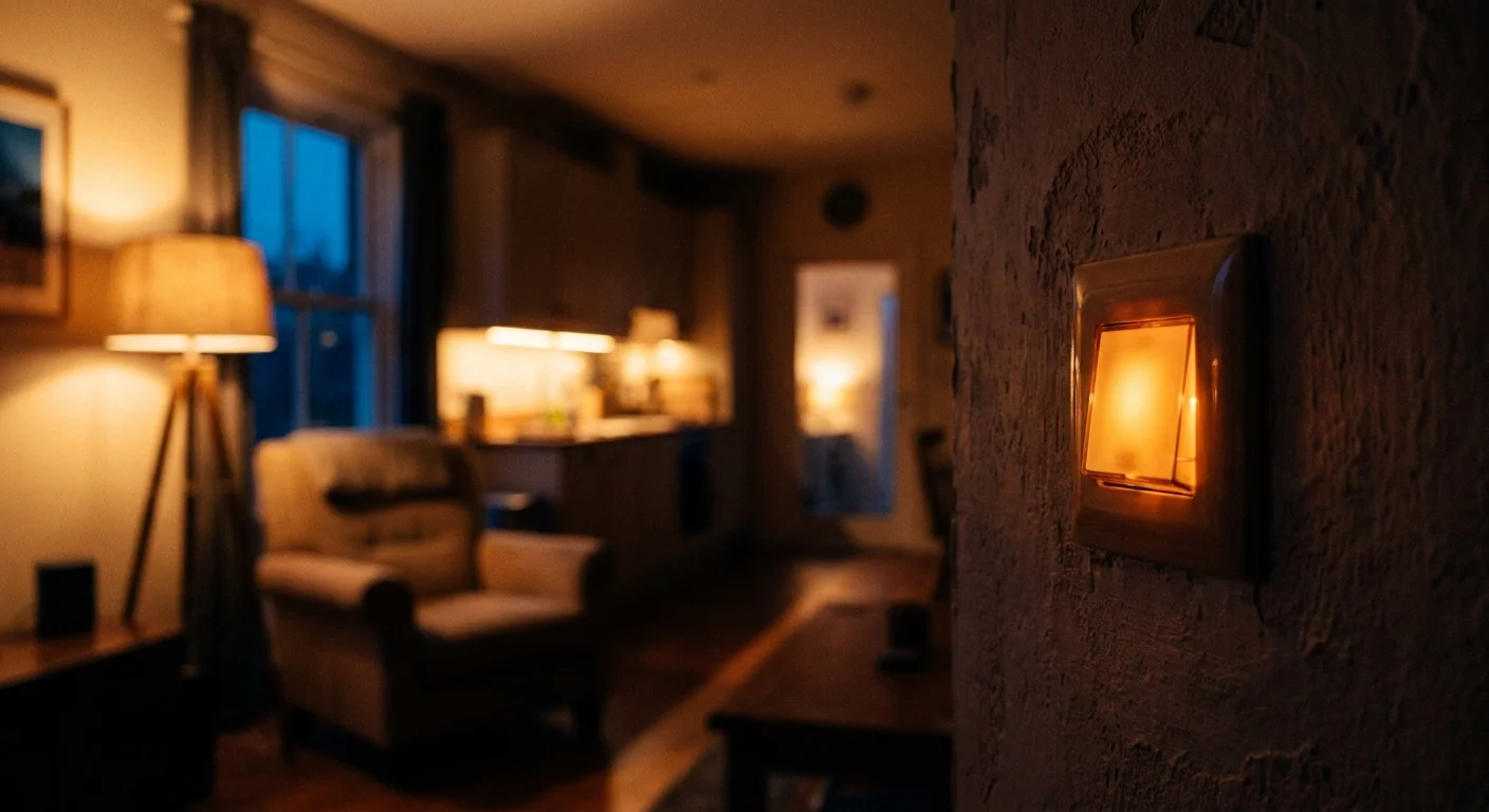 A close-up of a modern rocker light switch with a warm, well-lit living room in the blurred background.