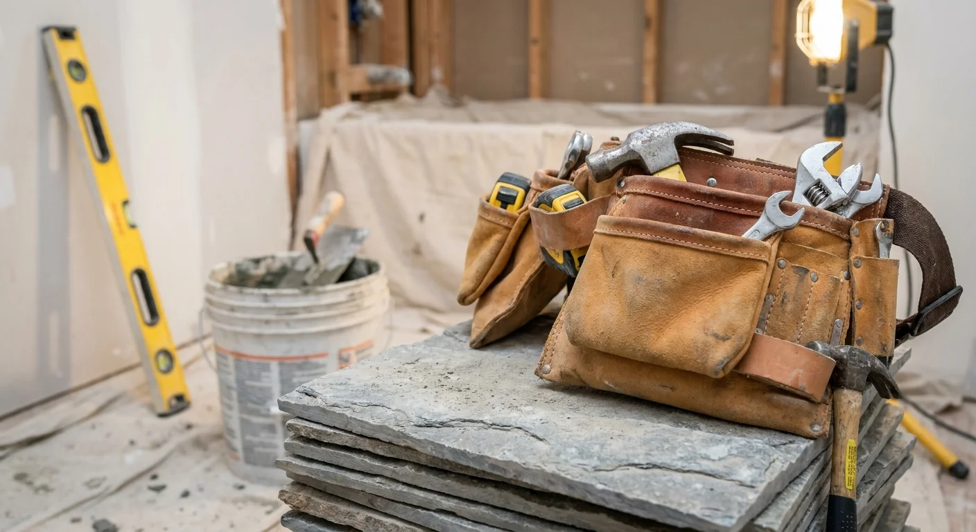 A close-up of a professional tool belt and heavy stone tiles, suggesting a complex home renovation project.