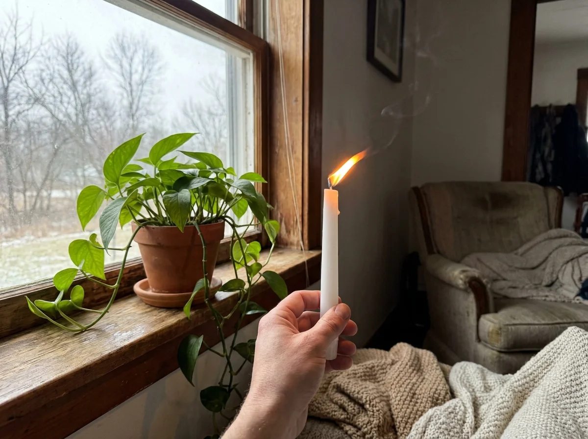 A close-up photograph of a candle flame flickering near a window frame to detect an air draft, next to a houseplant.