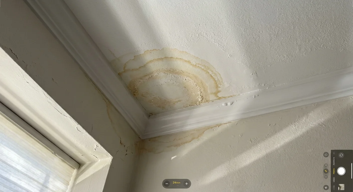 A close-up, realistic photo of a brown, ring-shaped water stain on a white textured ceiling corner.