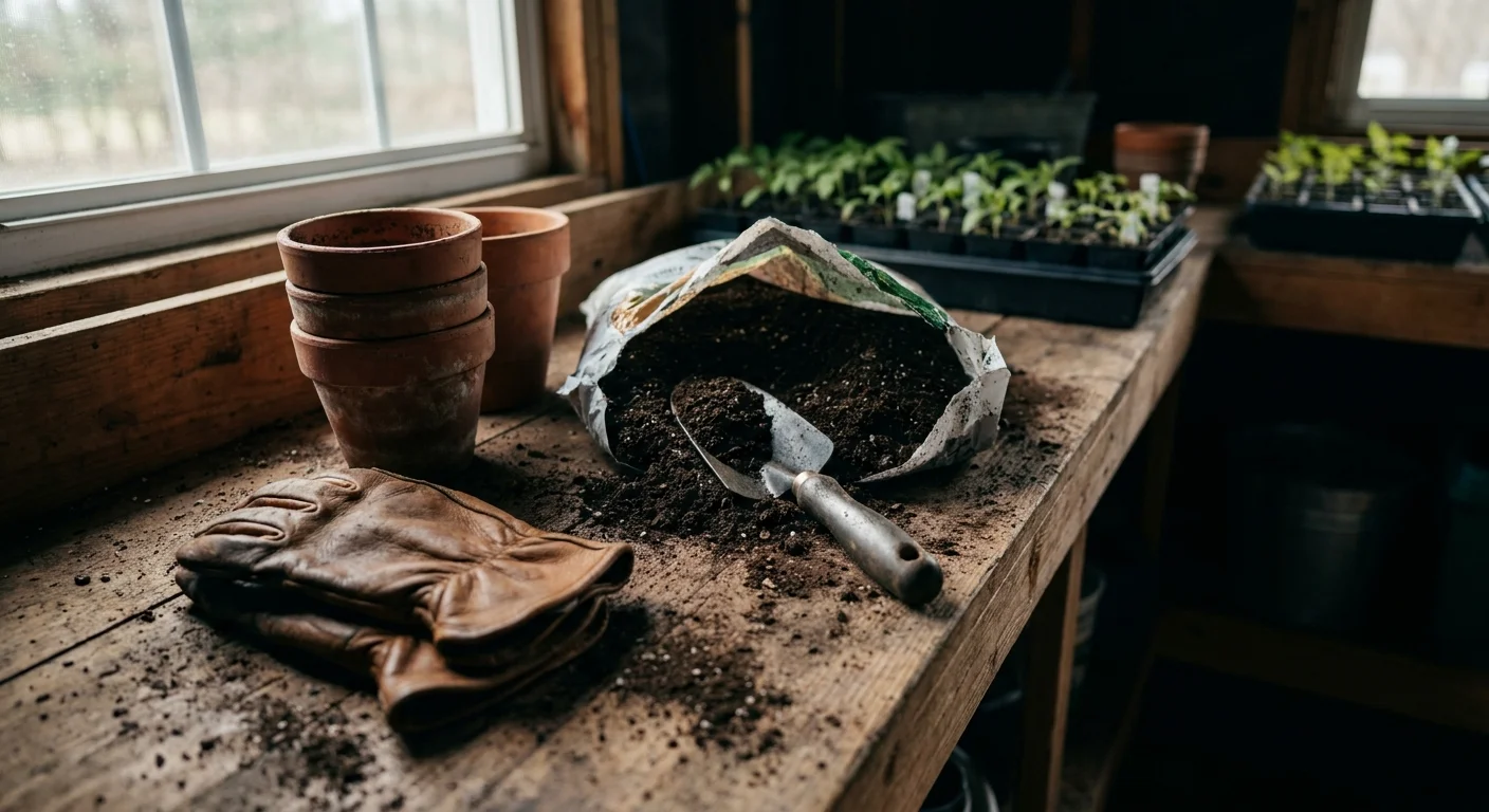 A close-up shot of a garage potting bench with terracotta pots, gardening gloves, and a bag of soil.