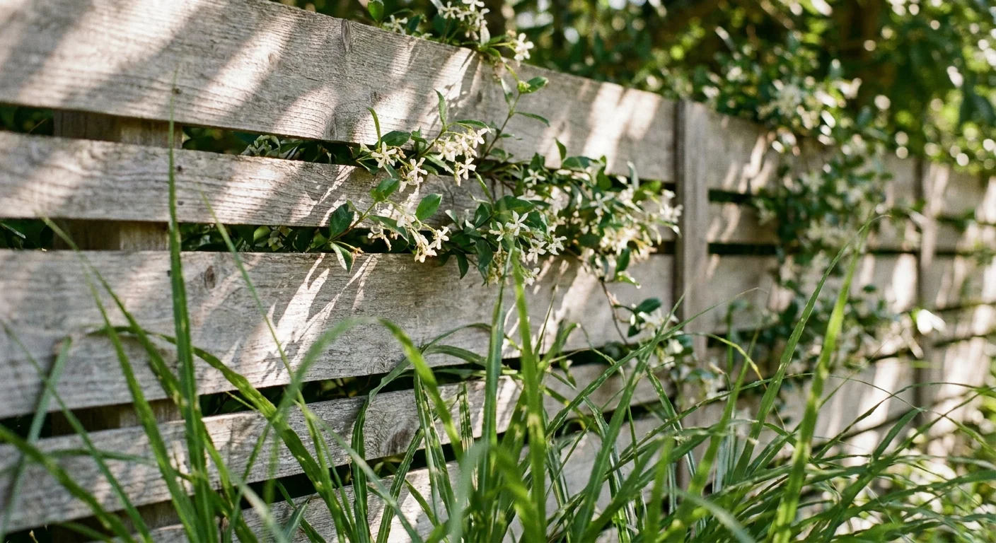 A close-up shot of a modern wooden slat fence intertwined with climbing vines and tall garden grasses.