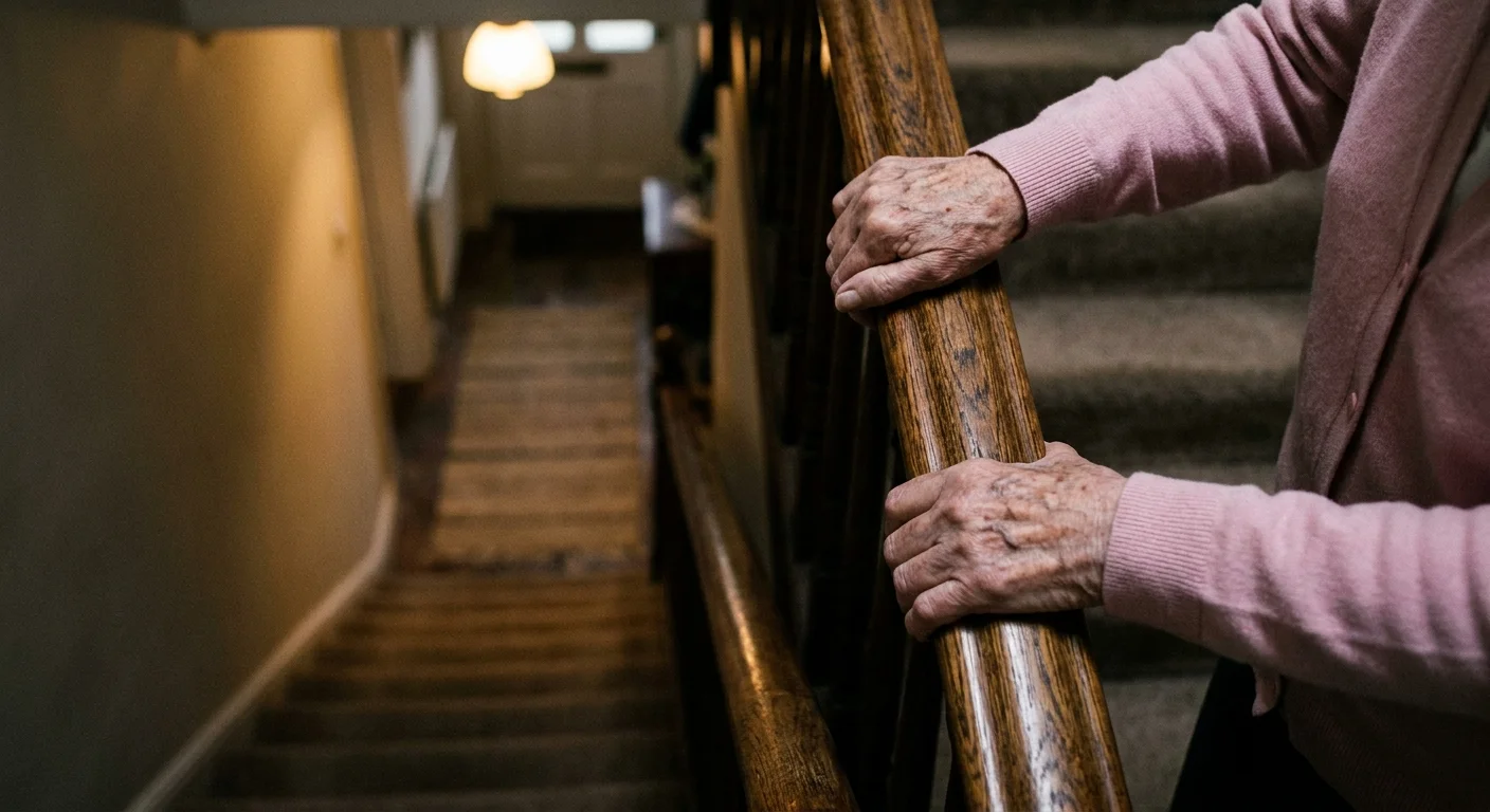A close-up shot of hands on a wooden banister at the top of a steep staircase, looking down into a hallway.