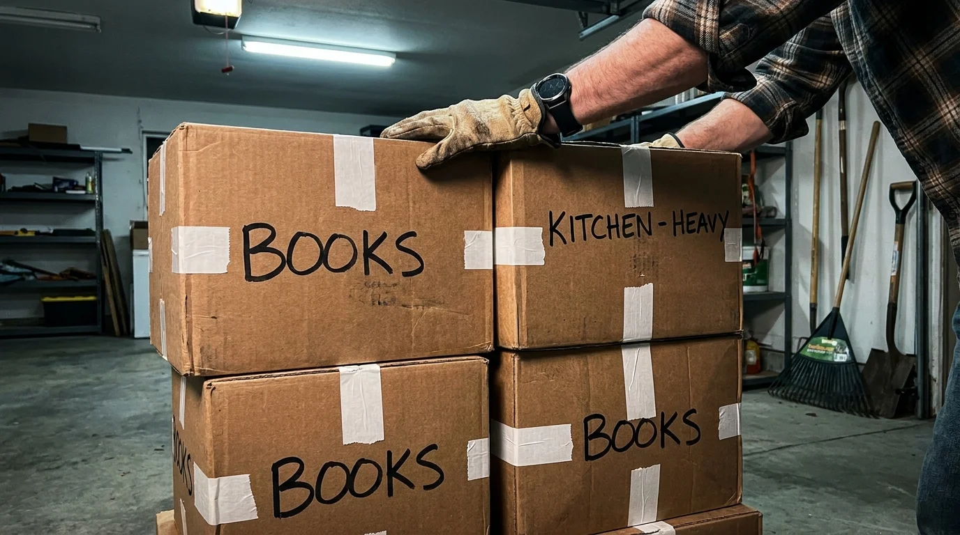 A close-up shot of heavy moving boxes labeled 'Books' in a garage, suggesting the physical strain of a DIY move.