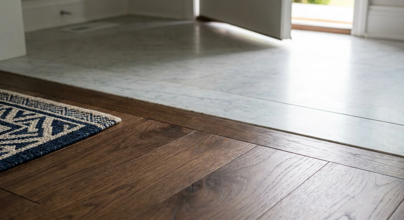 A close-up view of a high-quality flooring transition between dark walnut wood and white marble.