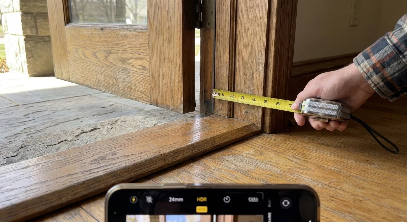 A close-up view of a wide front door with a flush threshold, showing a seamless transition between the porch and the interior floor.