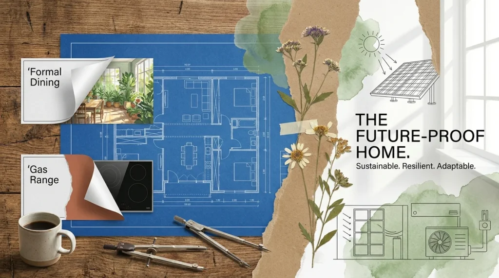 A collage showing a home blueprint transitioning from traditional labels to modern, eco-friendly features with plants and solar tech.