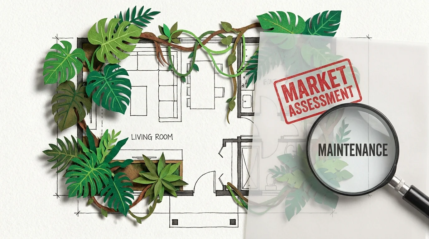 A collage showing a home floor plan being overtaken by tropical plants, with a market assessment stamp overlaid.
