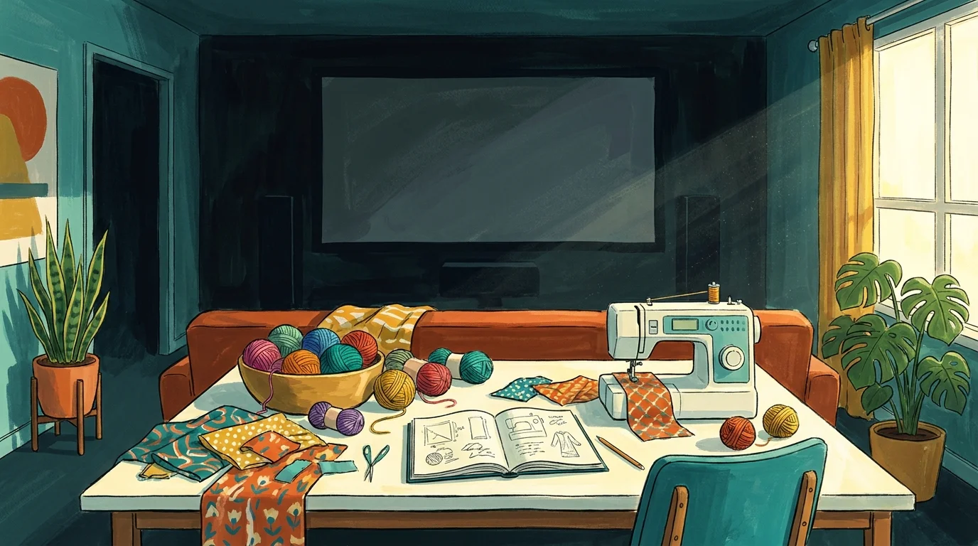 A colorful gouache illustration of a dark home theater being repurposed into a bright, creative craft and hobby room.