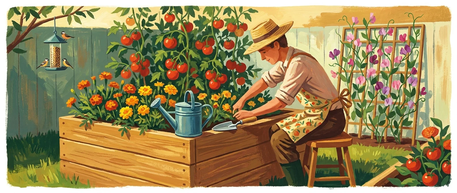 A colorful gouache illustration of a person gardening in a waist-high raised planter bed filled with flowers and vegetables.