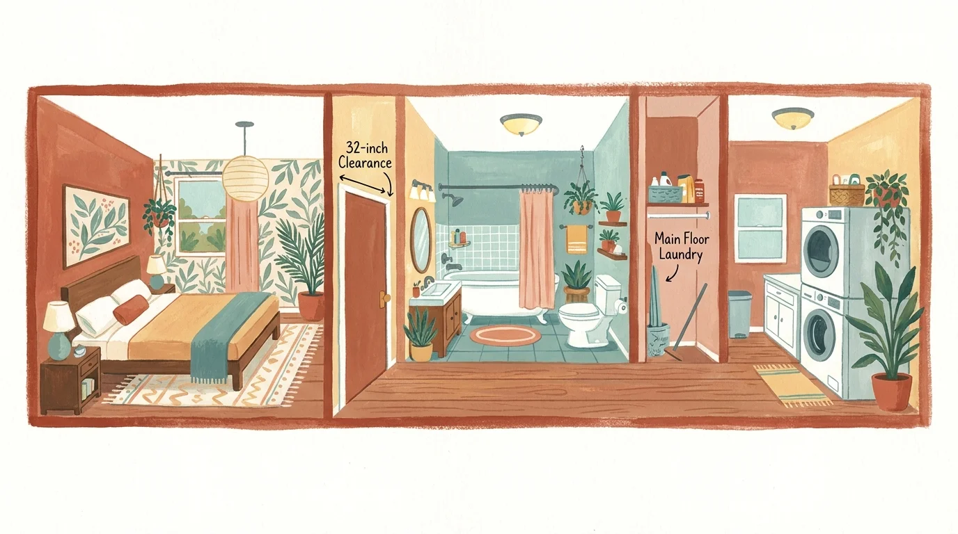 A colorful gouache illustration showing a house cross-section with all essential living spaces located on the ground floor.