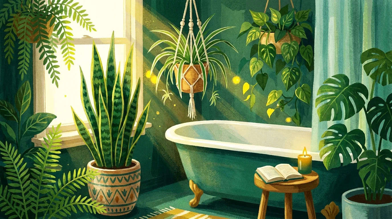 A colorful watercolor illustration of a bathroom filled with lush green plants like snake plants and spider plants.