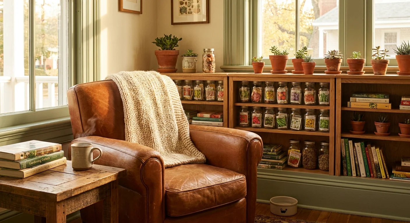 A comfortable leather armchair and bookshelves in a sunlit parlor that has been turned into a cozy reading and hobby nook.