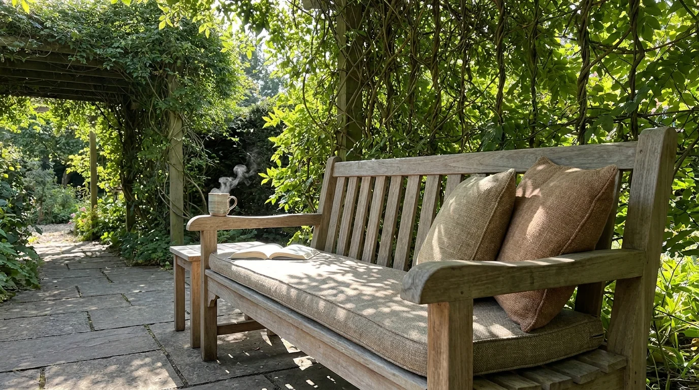 A comfortable teak bench with cushions sits in a shaded garden nook next to a flat stone path.