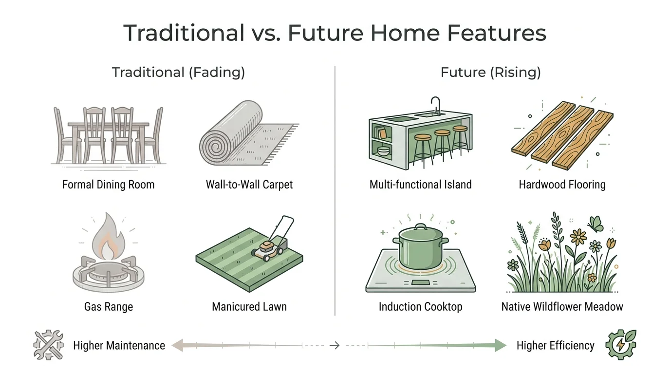 A comparison chart showing fading traditional home features alongside rising modern, sustainable alternatives.