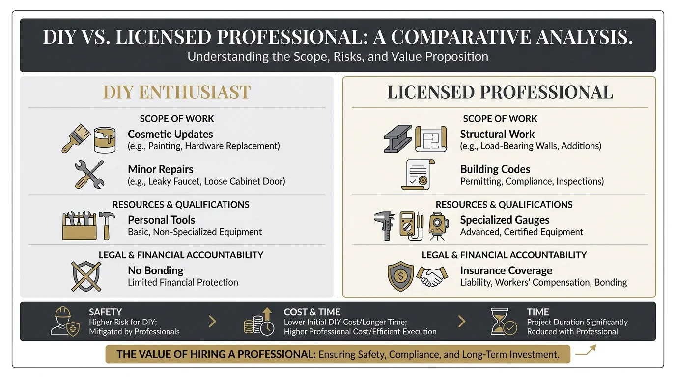 A comparison chart showing the differences between DIY tasks and professional-grade repairs in terms of safety and codes.