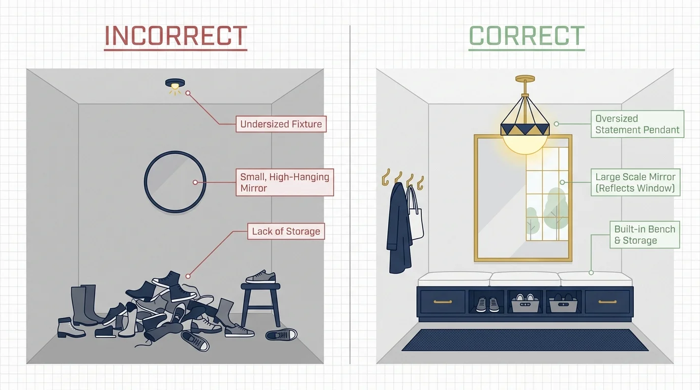 A comparison diagram showing common entryway design mistakes versus professional design choices.